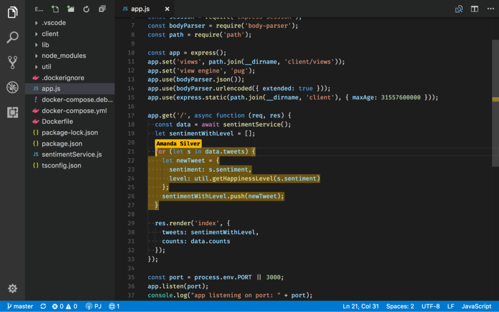 Fenêtre de l'éditeur de code VS contenant du code javascript et un texte en surbrillance avec le nom d'Amanda Silver affiché au-dessus.