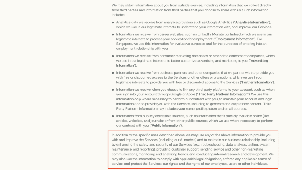 Page de la politique de confidentialité de Perplexity