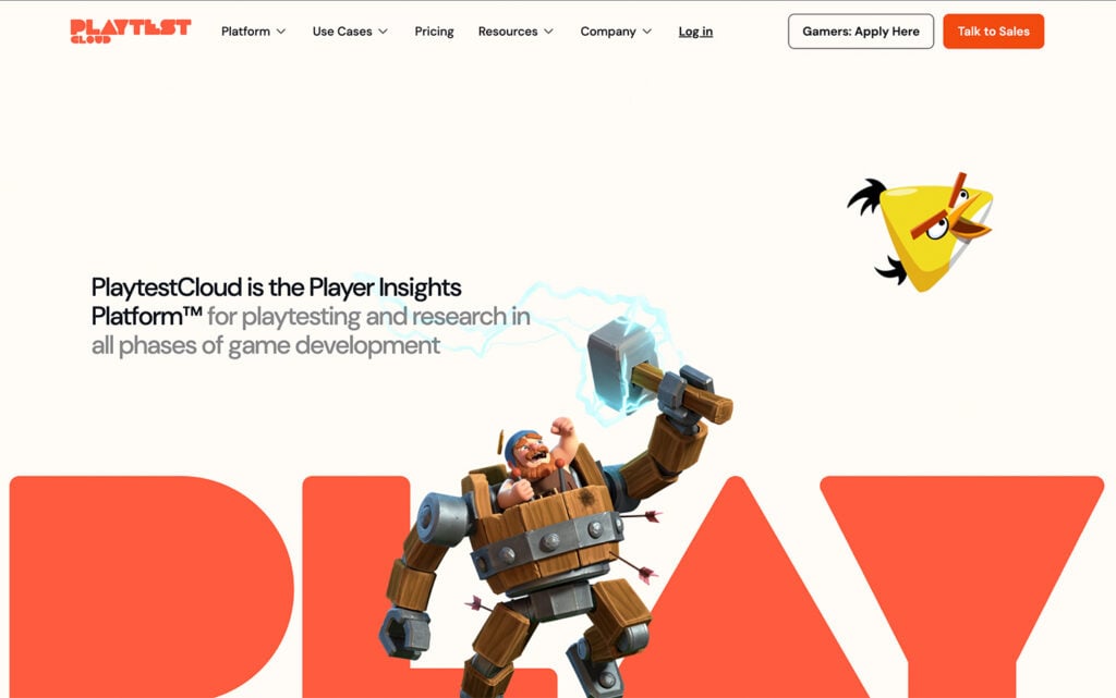 Page d'accueil de PlaytestCloud fournissant des tests de jeux et des informations sur les joueurs pour les développeurs de jeux