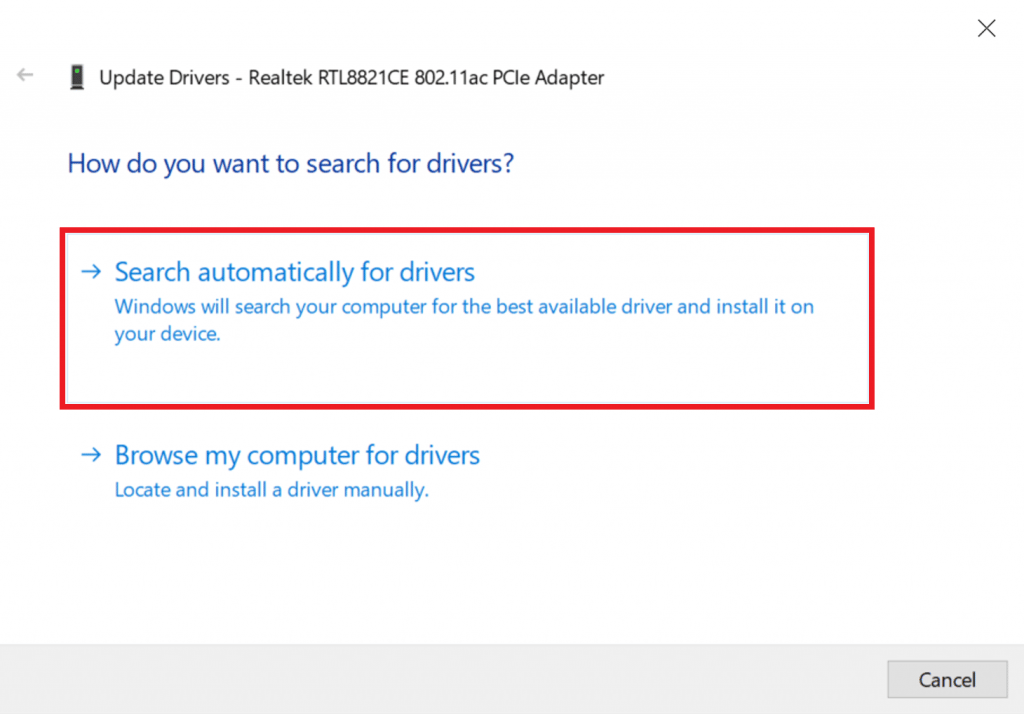 L'option Rechercher automatiquement des pilotes