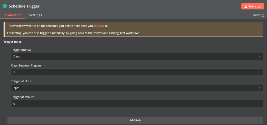 Le menu n8n permet de configurer le d&eacute;clenchement de la programmation.