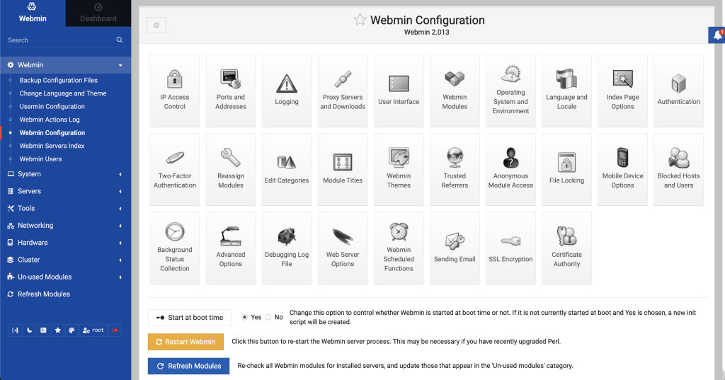 Le tableau de bord webmin