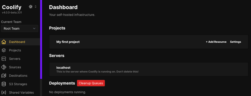 Le tableau de bord de Coolify