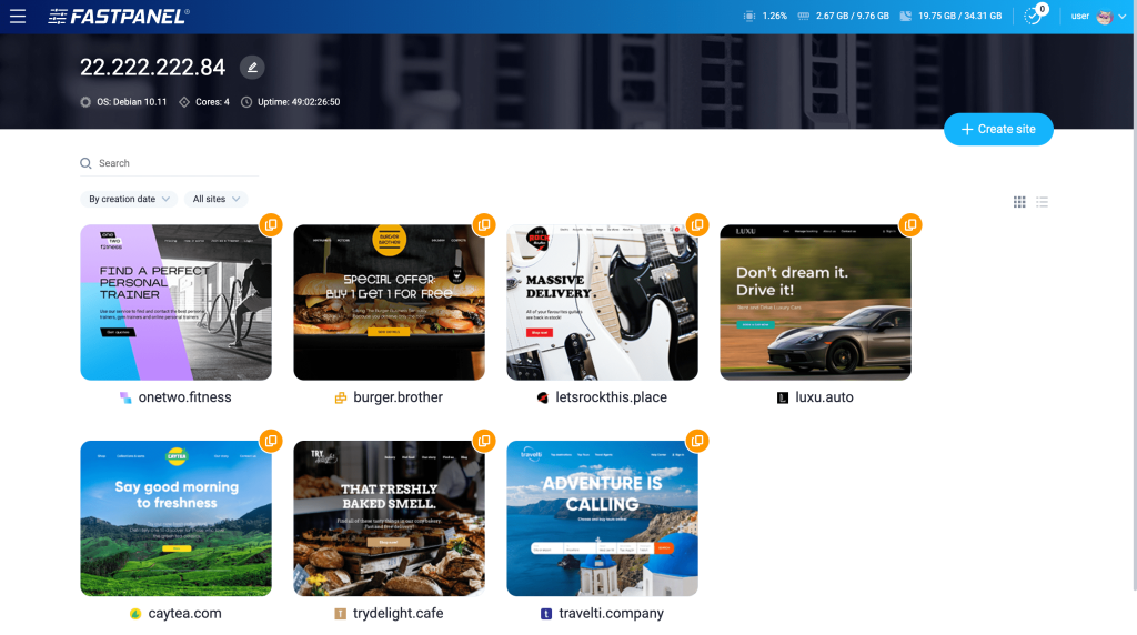 Le tableau de bord FASTPANEL