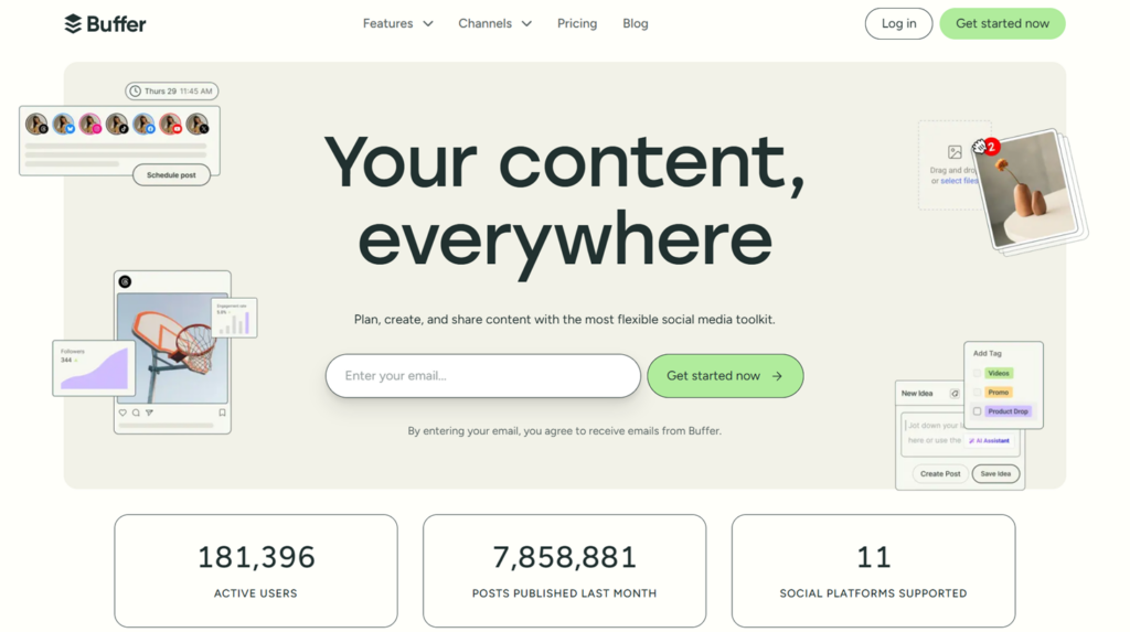 Image pr&eacute;sentant la landing page de Buffer