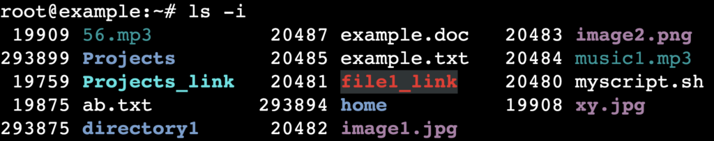 La sortie de la commande ls -i dans le terminal