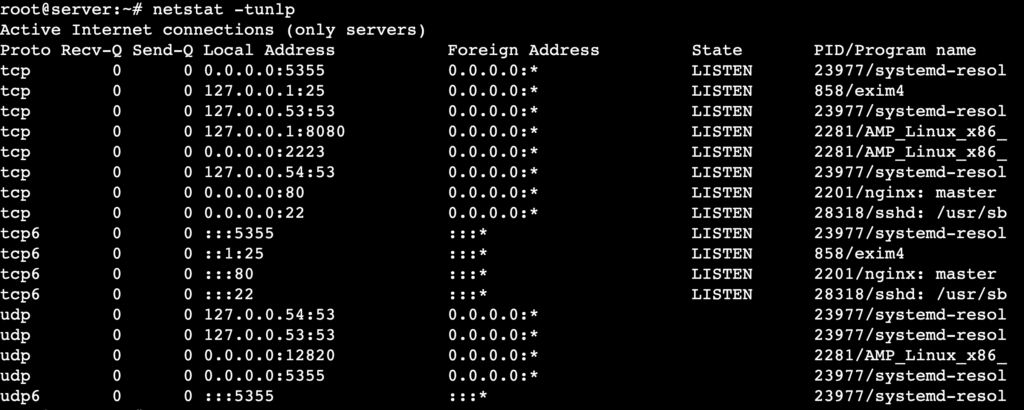 La sortie de la commande netstat -tunlp affiche toutes les connexions TCP et UDP &agrave; l&rsquo;&eacute;coute avec des adresses num&eacute;riques et les processus associ&eacute;s
