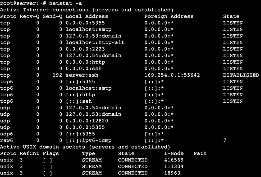 La sortie de la commande netstat -a affiche toutes les connexions actives, y compris les ports en &eacute;coute et non en &eacute;coute.