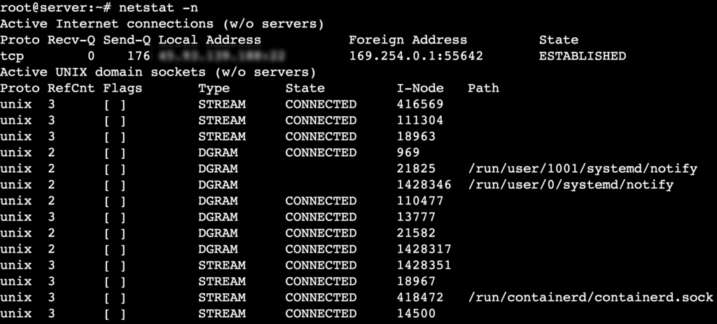 La sortie de la commande netstat -n affiche les connexions sous forme num&eacute;rique.