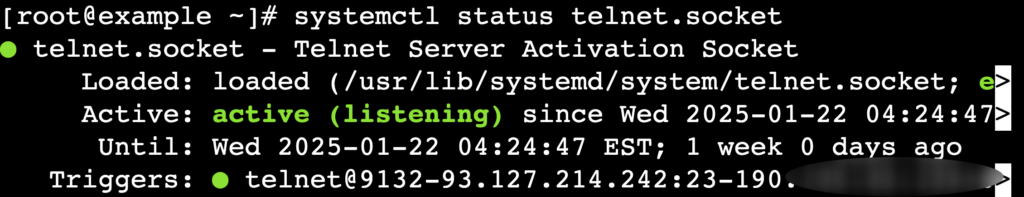 La sortie dans le terminal de la commande systemctl status telnet.socket