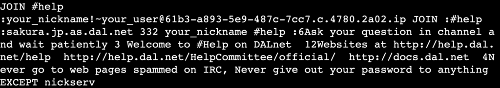 La sortie de la commande JOIN #channel_name dans la session Telnet du terminal