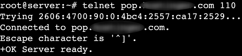 La sortie de la commande telnet pop.example.tld 110 dans la session telnet du terminal