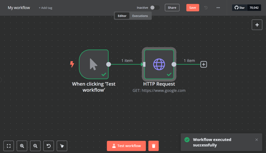 Visuel de l'interface n8n o&ugrave; un flux de travail est ex&eacute;cut&eacute; m&ecirc;me si aucun n&oelig;ud de travail n8n n'est d&eacute;ploy&eacute;.