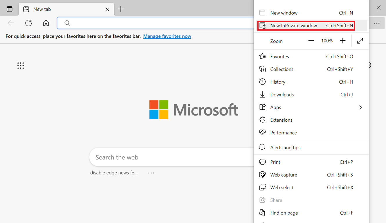L'option Nouvelle fenêtre privée dans Microsoft Edge
