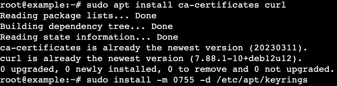 Sortie du terminal après l'installation des outils requis et la création d'un répertoire de clés
