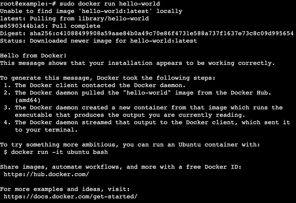 Une sortie de terminal affichant le message indiquant que le téléchargement de l'image de test hello-world a réussi.