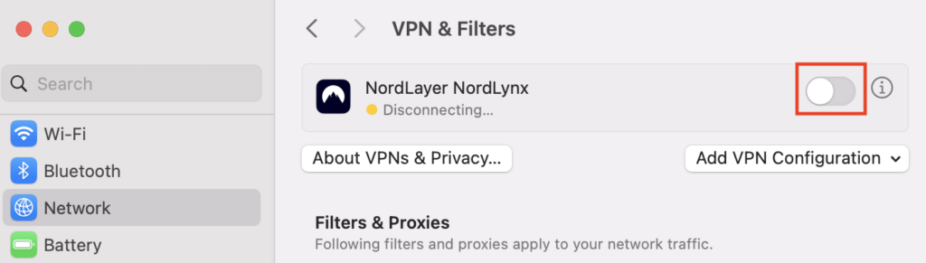 Les paramètres VPN & Filtres sur macOS, avec le bouton de basculement surligné en rouge.

