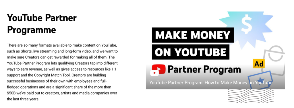 page du programme de partenariat avec youtube