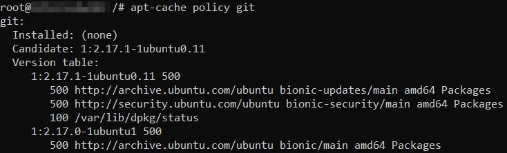 Fenêtre de l’Invite de commandes affichant une commande utilisée pour vérifier quelle version de Git sera installée avec le gestionnaire de paquets APT sur Ubuntu 20.04