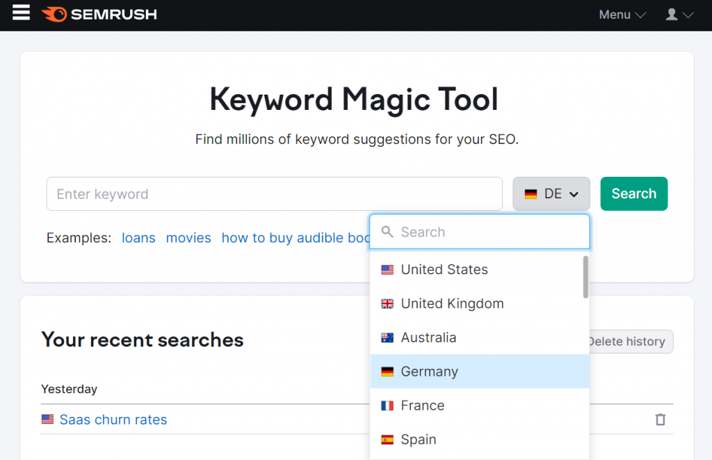 Exemple d’utilisation de Semrush pour trouver des suggestions de mots-clés pour le SEO