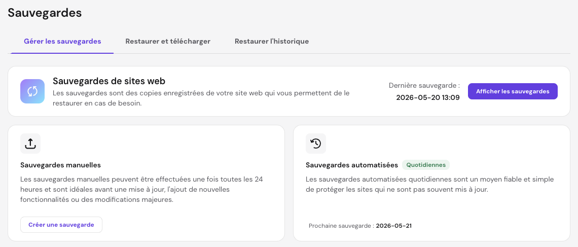 Fonction de sauvegarde WordPress dans le hPanel de Hostinger