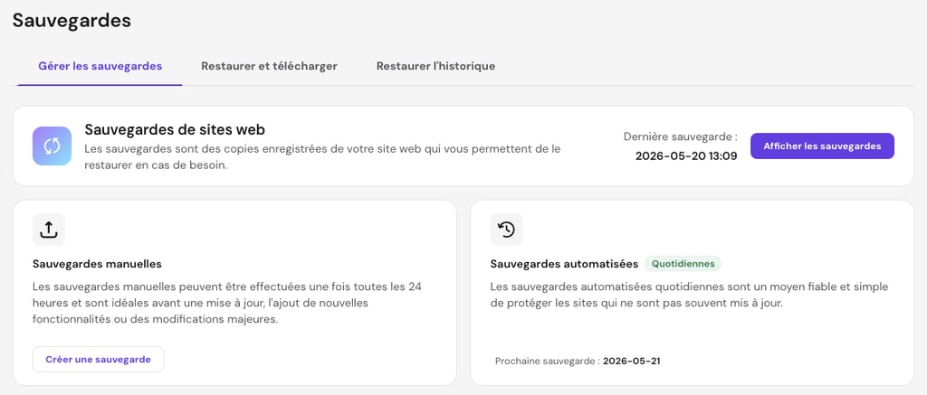 Fonction de sauvegarde WordPress dans le hPanel de Hostinger
