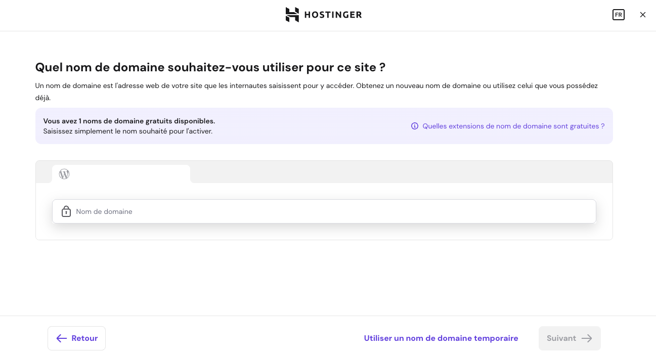 Parcours de prise en main de WordPress chez Hostinger, où l’utilisateur enregistre un nom de domaine