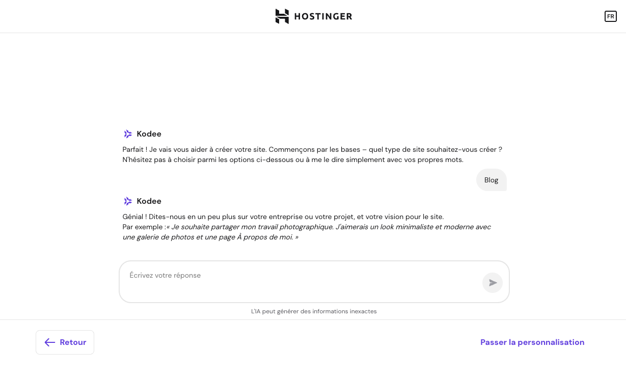 personnaliser le site web que vous souhaitez créer via le chat dans le cadre de l'intégration à Hostinger
