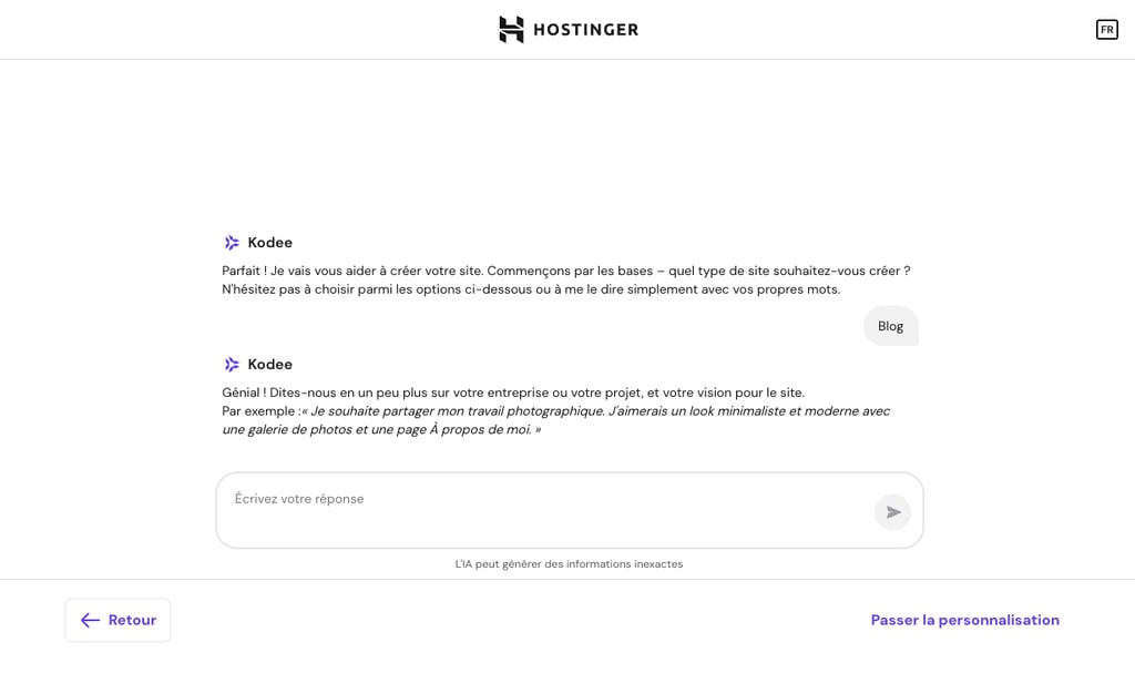 personnaliser le site web que vous souhaitez cr&eacute;er via le chat dans le cadre de l'int&eacute;gration &agrave; Hostinger