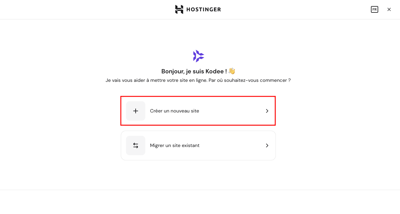 Onboarding WordPress de Hostinger, où l’utilisateur choisit de créer un nouveau site web