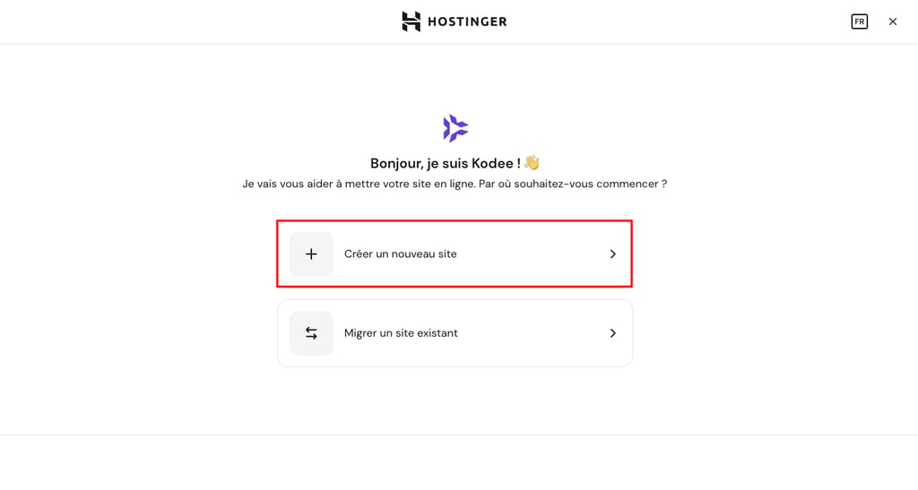 Onboarding WordPress de Hostinger, o&ugrave; l&rsquo;utilisateur choisit de cr&eacute;er un nouveau site web