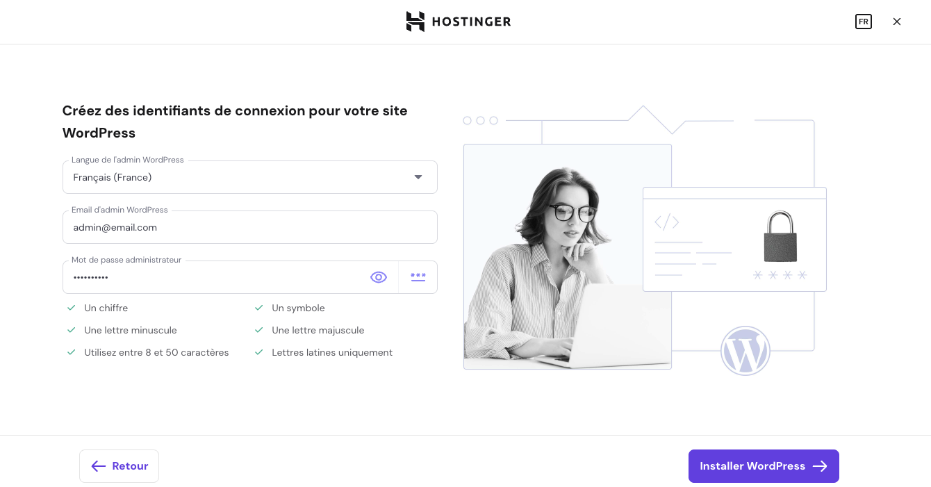 Configuration initiale de WordPress sur Hostinger, invitant l’utilisateur à renseigner ses identifiants de connexion