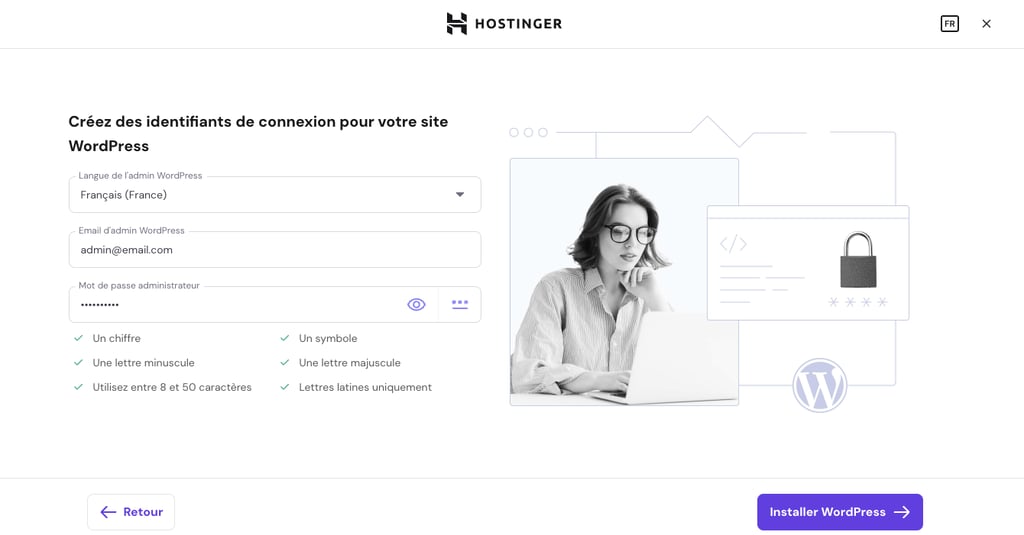 Configuration initiale de WordPress sur Hostinger, invitant l&rsquo;utilisateur &agrave; renseigner ses identifiants de connexion