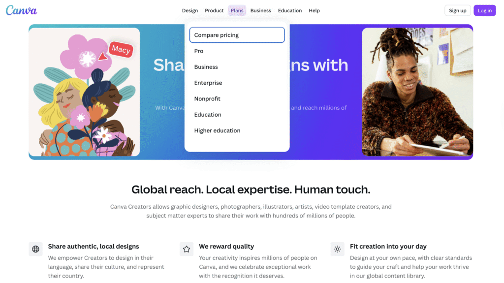 Deux femmes illustr&eacute;es s&rsquo;enlacent, entour&eacute;es de fleurs, sur une page web de Canva faisant la promotion de services et de formules de design.