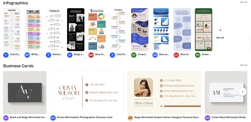 Une collection d&rsquo;infographies et de cartes de visite, pr&eacute;sentant diff&eacute;rents designs dans des styles color&eacute;s, minimalistes et professionnels.
