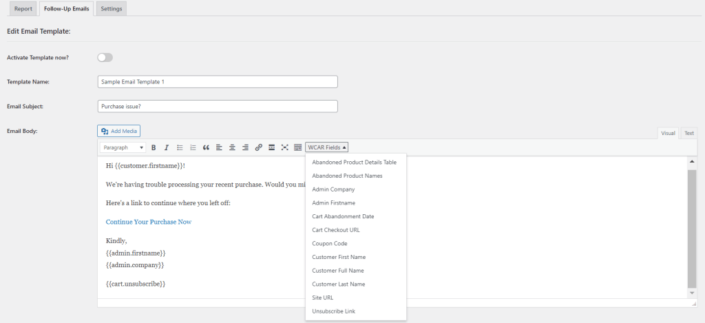 L’interface de l’éditeur d’e-mails de récupération des paniers abandonnés de WooCommerce, avec le menu déroulant des champs WCAR ouvert.