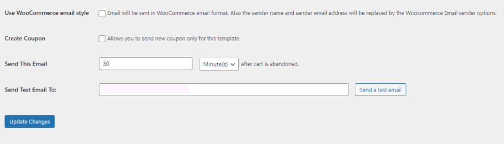 Les options de réglage de l’éditeur d’e-mails de récupération des paniers abandonnés de WooCommerce.