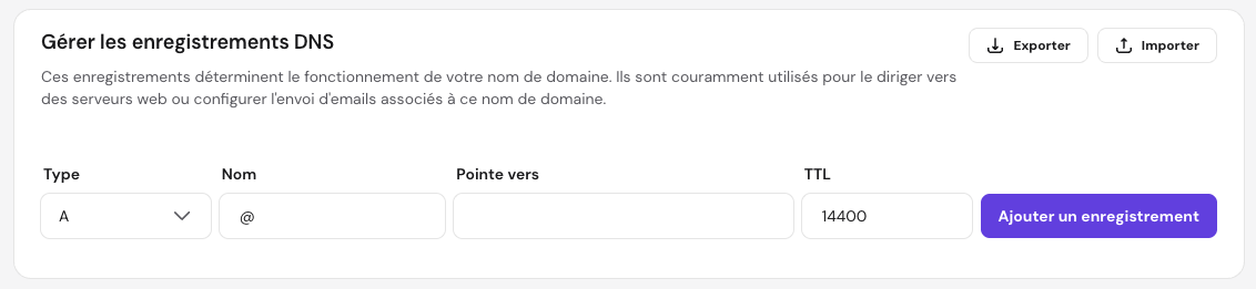 Éditeur de zone DNS de Hostinger, avec mise en évidence de la section permettant d’ajouter un nouvel enregistrement
