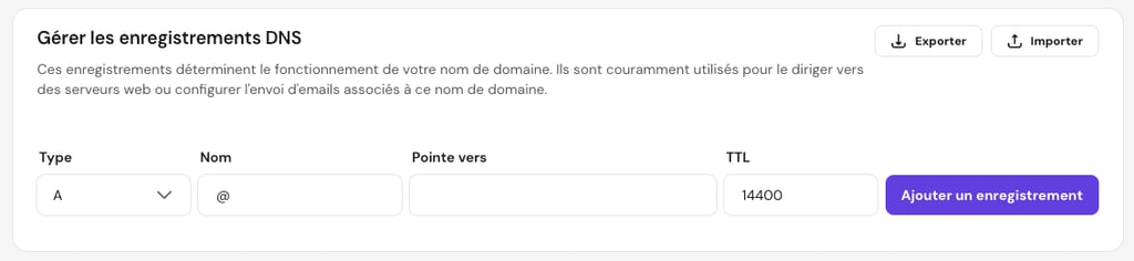 &Eacute;diteur de zone DNS de Hostinger, avec mise en &eacute;vidence de la section permettant d&rsquo;ajouter un nouvel enregistrement
