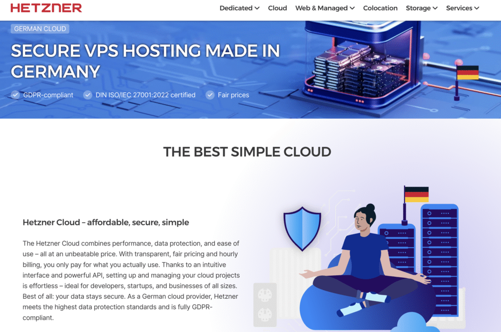 Un site promotionnel pour Hetzner Cloud, pr&eacute;sentant des services d&rsquo;h&eacute;bergement VPS s&eacute;curis&eacute;s, avec des visuels mettant en avant les performances et la protection des donn&eacute;es.