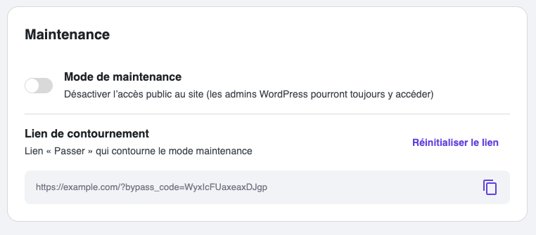 Paramètre du mode maintenance de WordPress dans le plugin Hostinger Tools