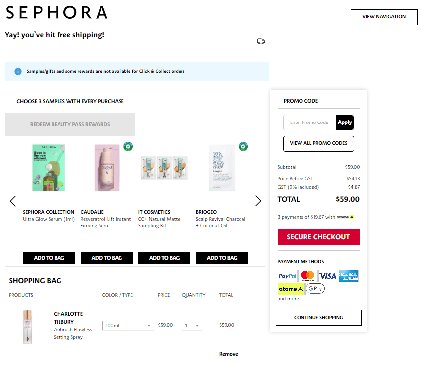 Exemples de pages de paiement de Sephora Singapour