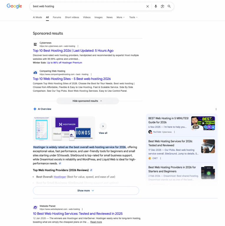 google-serp-résultats-sponsorisés-aperçu-ia-résultats-organiques Page de résultats du moteur de recherche Google (SERP) avec des résultats payants et organiques