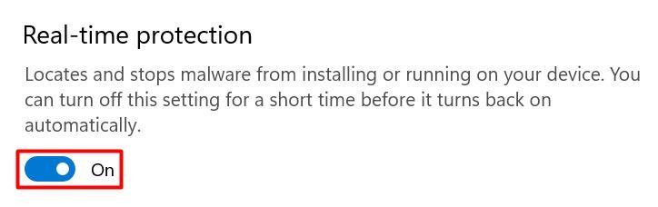 Le bouton de protection en temps réel dans Windows.