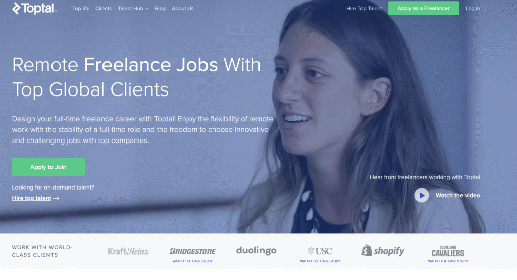 Page d’accueil de Toptal mettant en avant des missions de freelance à distance auprès de grands clients internationaux, avec des boutons d’appel à l’action et des logos de clients.
