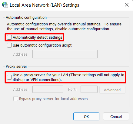 Les paramètres du réseau local (LAN) sous Windows.