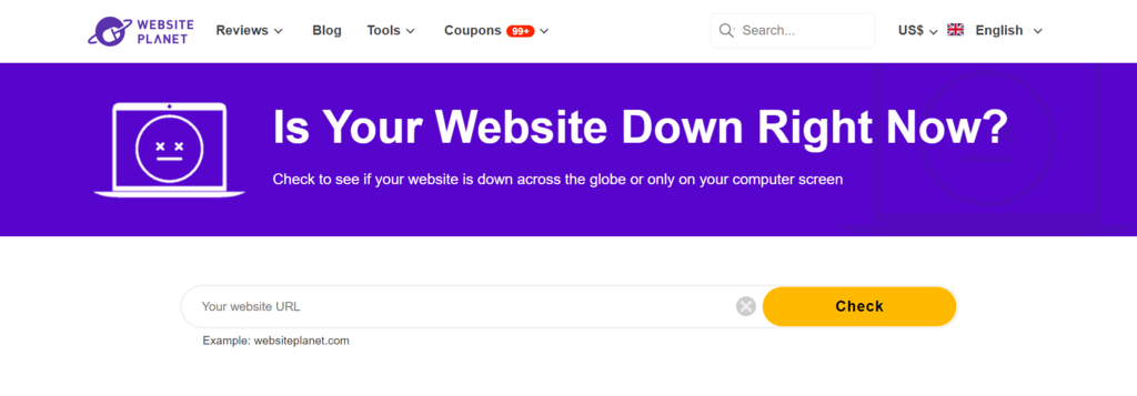 La page web de l’outil « Is Your Website Down Right Now? » de Website Planet.