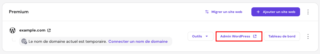 Tableau de bord hPanel de Hostinger, avec le bouton permettant d’accéder au tableau de bord d’administration de WordPress mis en évidence