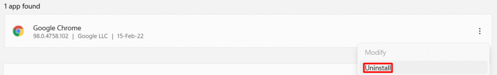 Le bouton « Désinstaller » de Google Chrome sous Windows.