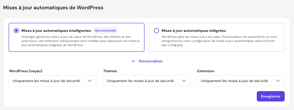 La fonctionnalité de mises à jour automatiques de WordPress de Hostinger avec les mises à jour automatiques intelligentes et les mises à jour de sécurité uniquement activées